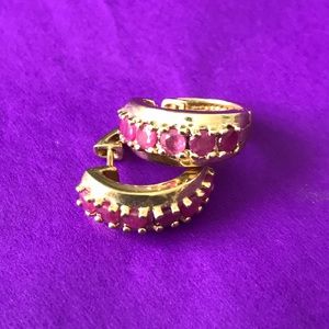 Small hoop earrings with pink/red gems